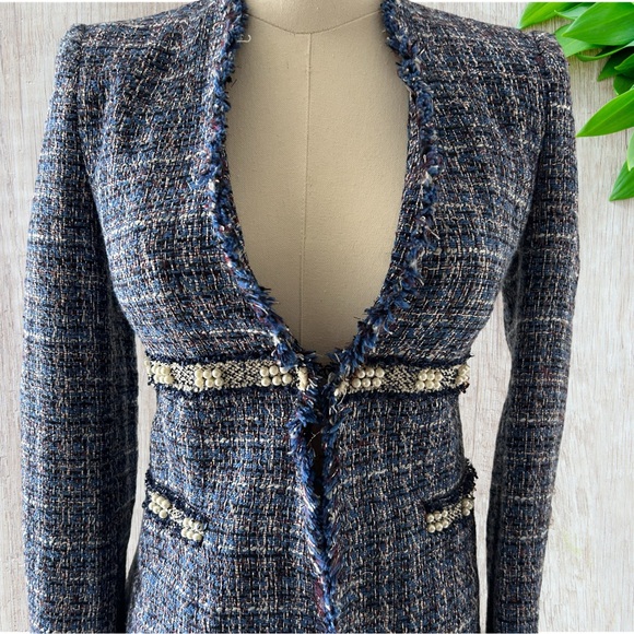 Zara Basics Trendy Blue and White Tweed Blazer with Pearl Trim Size XS - Picture 3 of 17